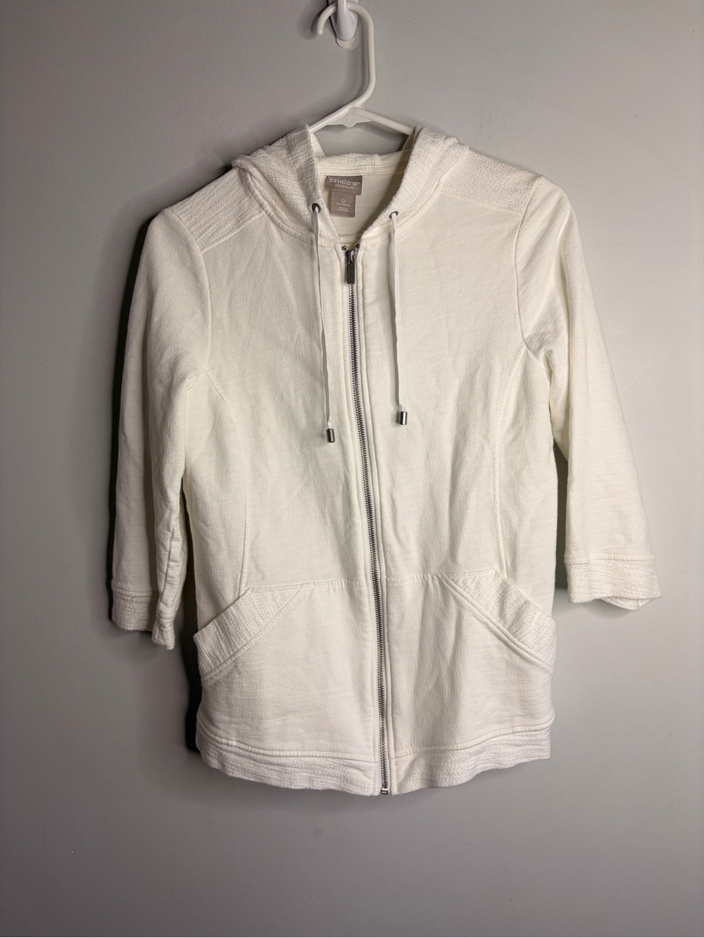 Chicos Zenergy White Hooded Zip-Front Women's Jacket Quarter Sleeves